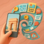 A futuristic 720x720 digital interface featuring a holographic batik silk scarf, surrounded by swirling data streams with camera lens, shopping bag, and AI circuitry icons. The background showcases a teal and magenta gradient with pulsing AI node connections, representing visual search SEO optimisation in 2025.