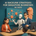 A robot showing an AI backlinks strategy in front of a business team