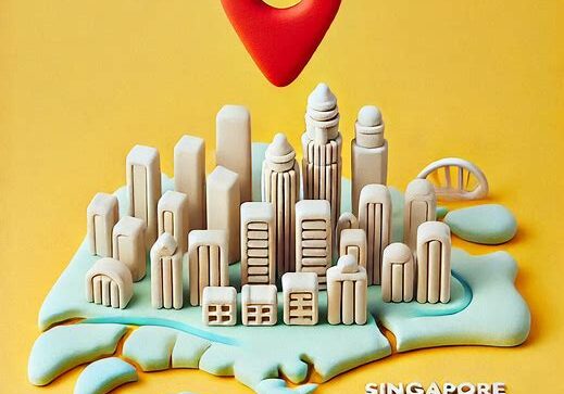 very minimalistic, plasticine shape of singapore. with a red pin on top.