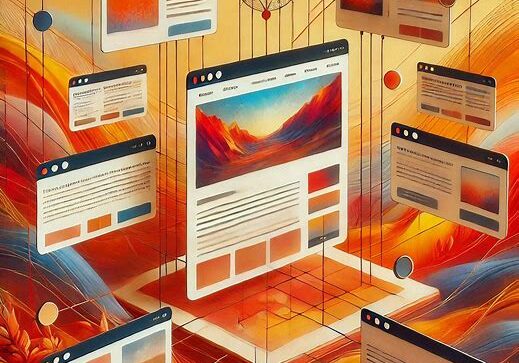 a webpage in the center, linked several strings from more pages all around. warm art, minimalistic