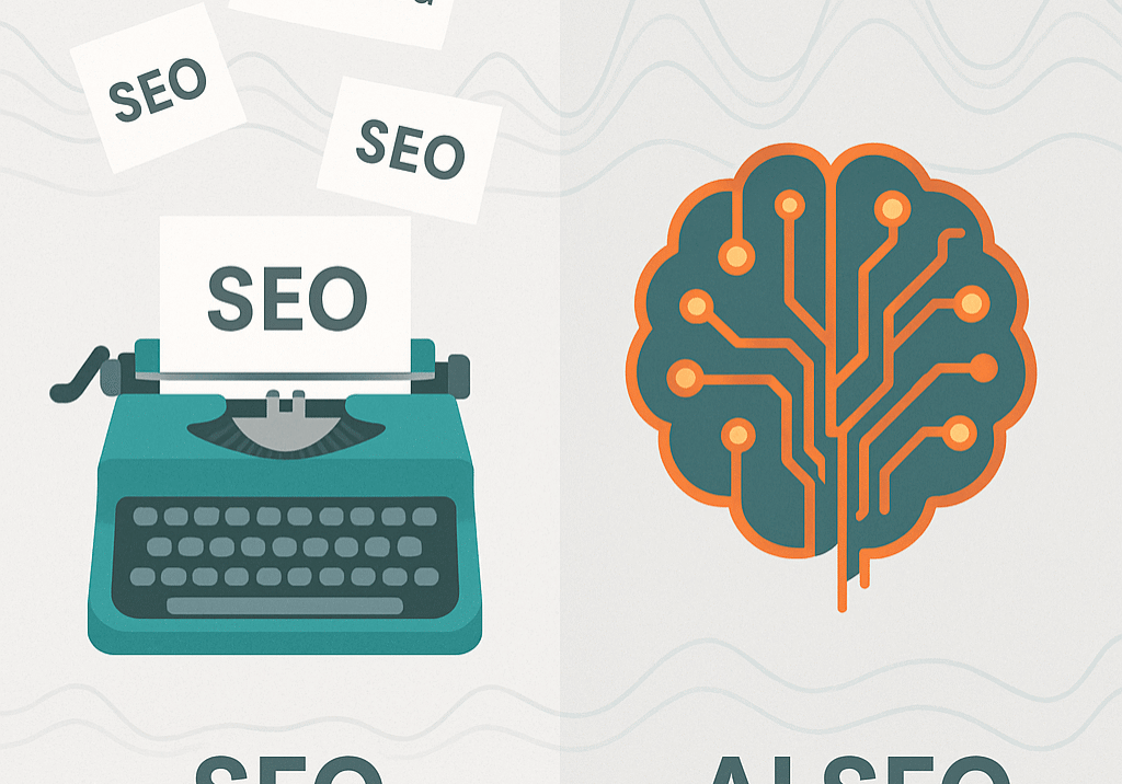 Illustration comparing SEO vs AI SEO evolution, featuring a typewriter for traditional SEO and an AI brain circuit for AI SEO, connected by data waves on a light gray gradient.