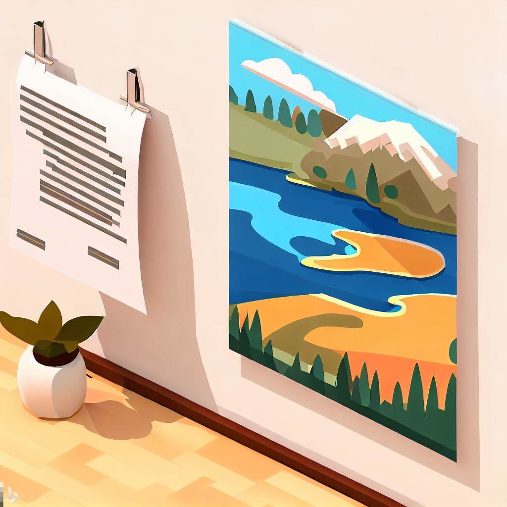 isometric design of a nice scenic picture and a paper of text beside it, same size. hung on a wall, scandinavian home