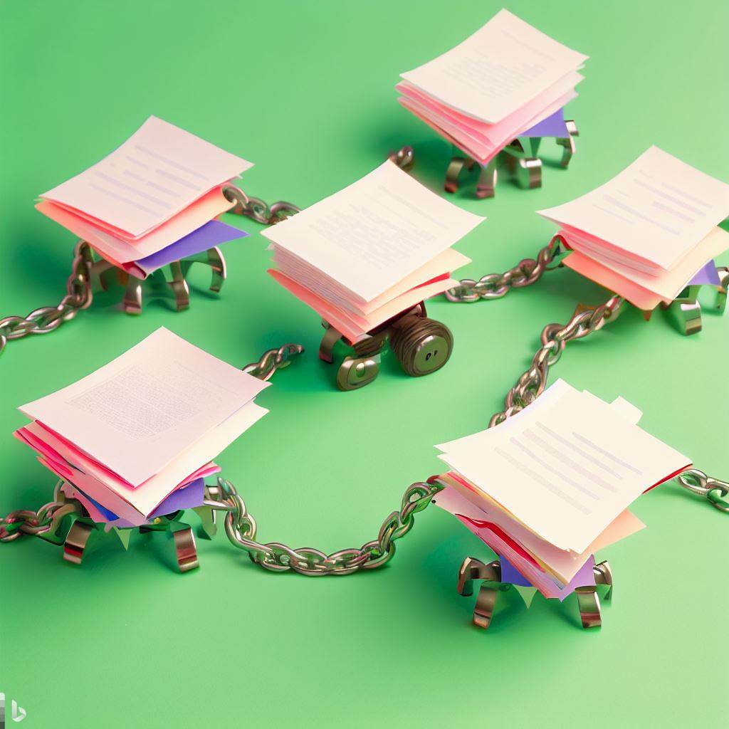 5 papers being linked to one another by chains, side by side, with cute robot spiders crawling on the papers and chains. medium green background, isometric. 2