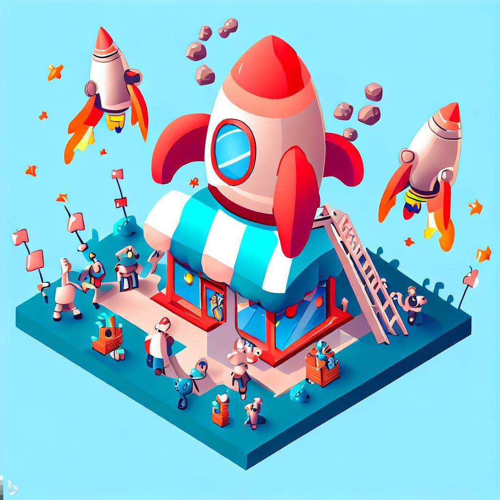 a big rocket flying out of a small store selling little things. isometric with blue background 2