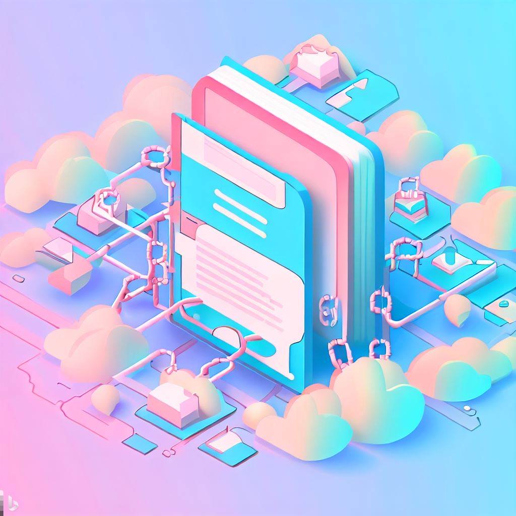 isometric design of a big web page in the middle, with a lot of chains linking from a few other pages from different directions. settings is in warm blue clouds