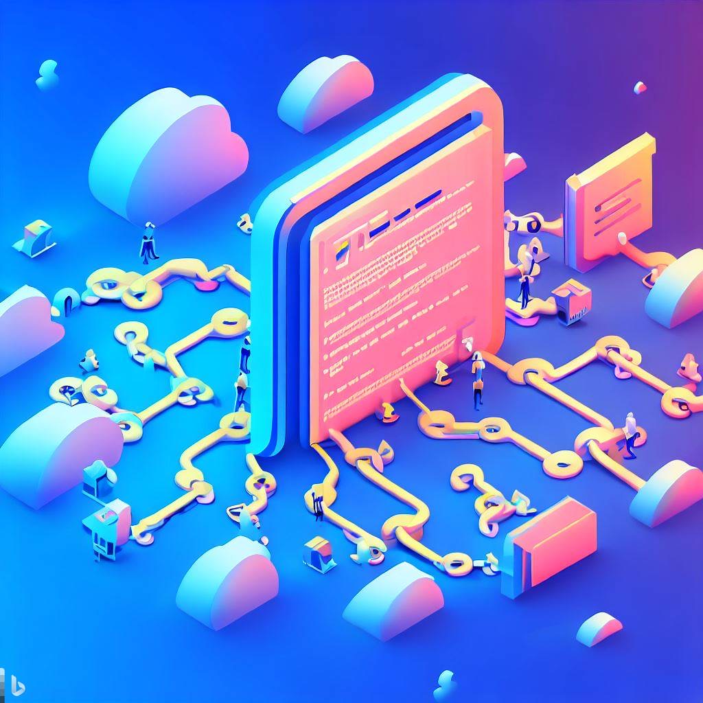 isometric design of a big web page in the middle, with a lot of chains linking from a few other pages from different directions. settings is in warm blue clouds