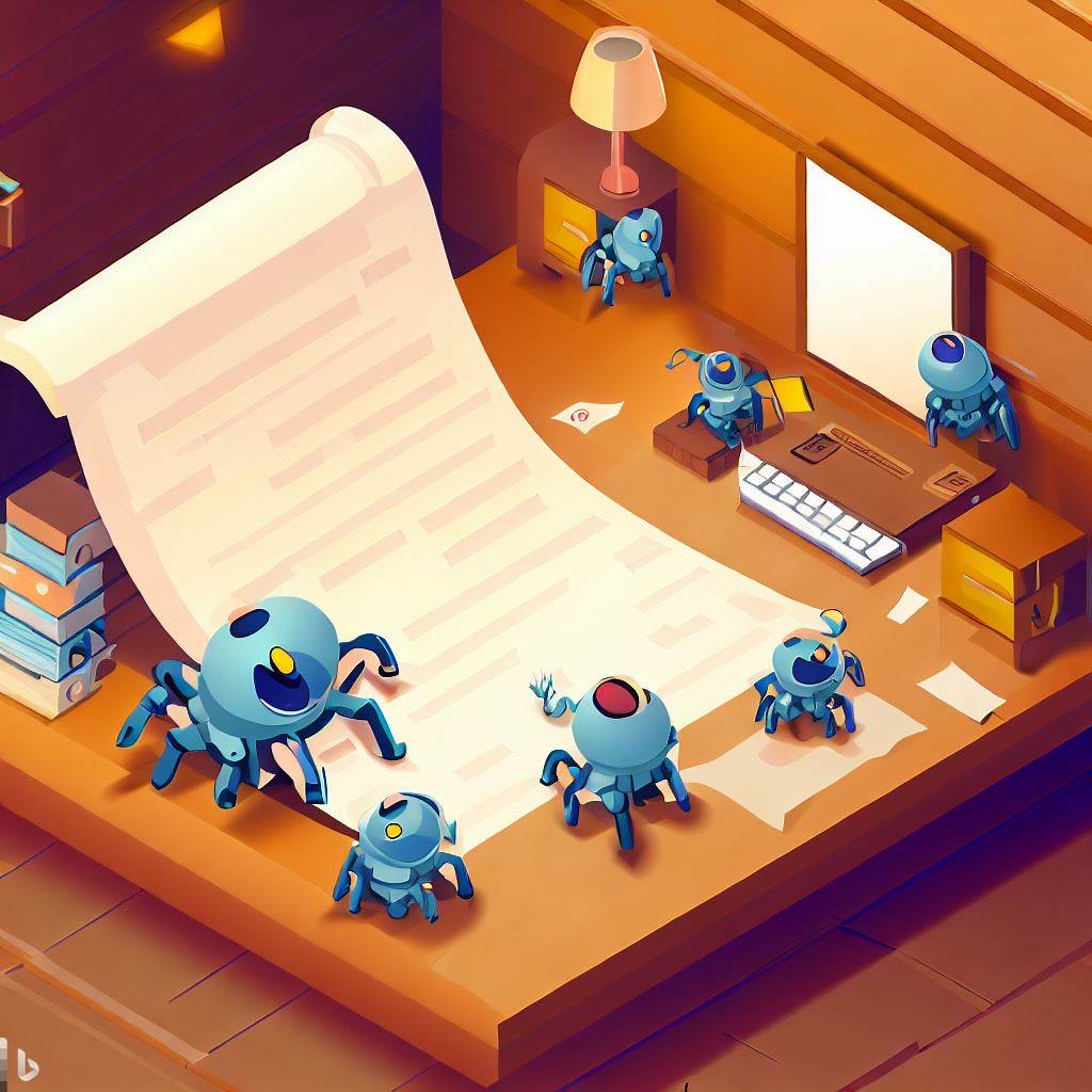 isometric design of a few cute robot spiders crawling on a big piece of paper, reading on a laptop. desktop surrounding in a wooden room with stacks of papers around