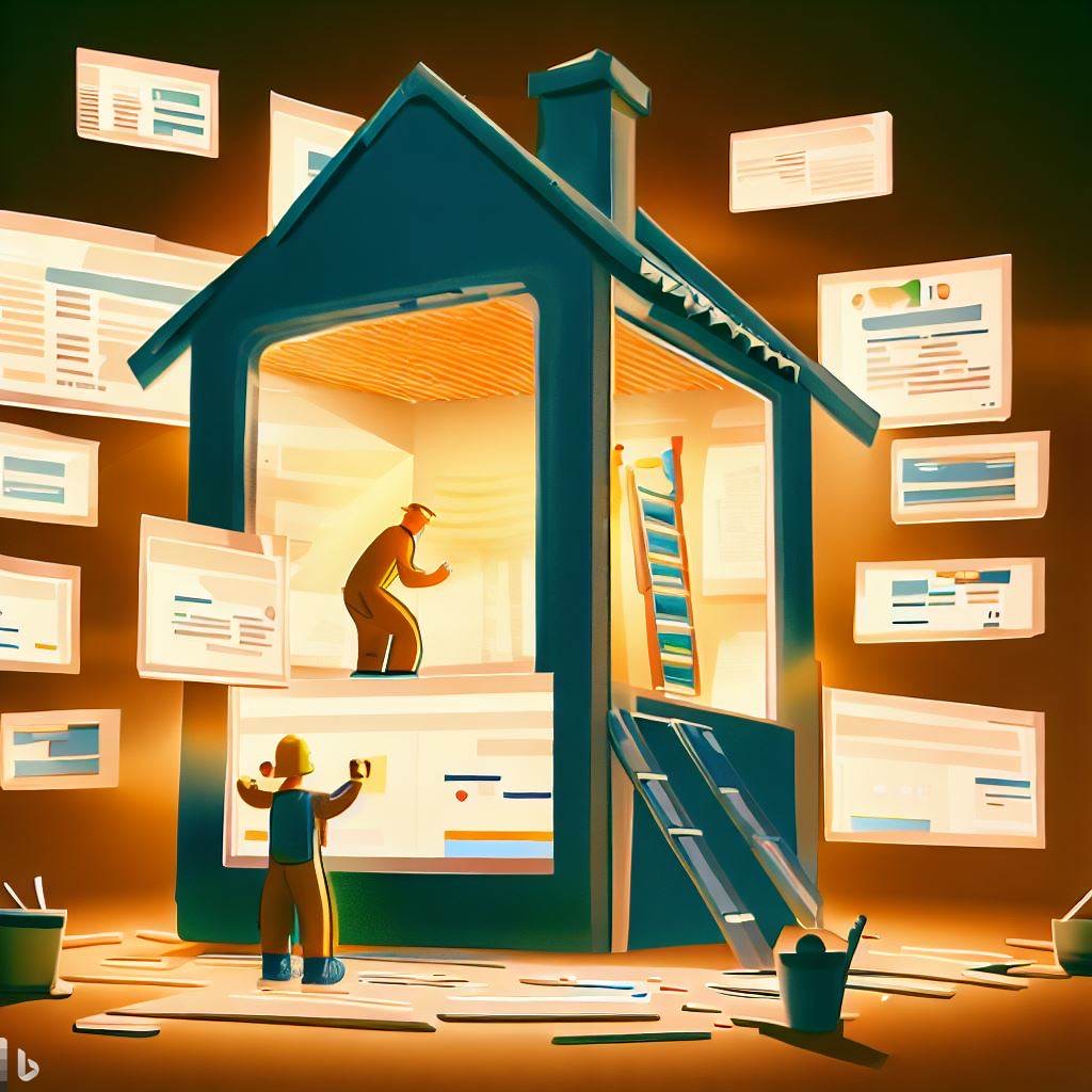 A builder constructing a website like a house, with each room representing a different on-page SEO component. movie scene, animated