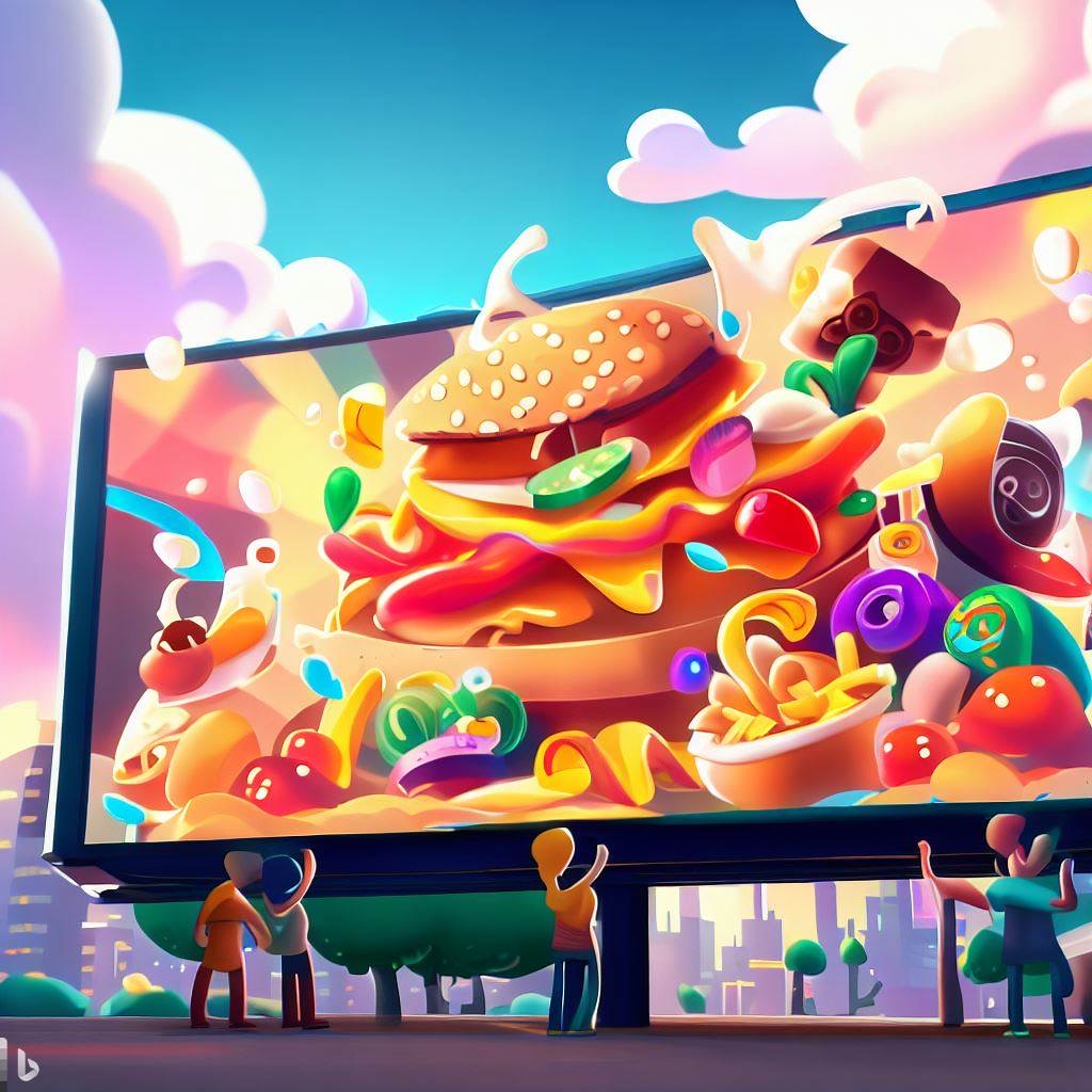 A digital billboard in a cityscape showcasing a large, tempting image of food and drinks jumping out, with characters looking up at it. animated