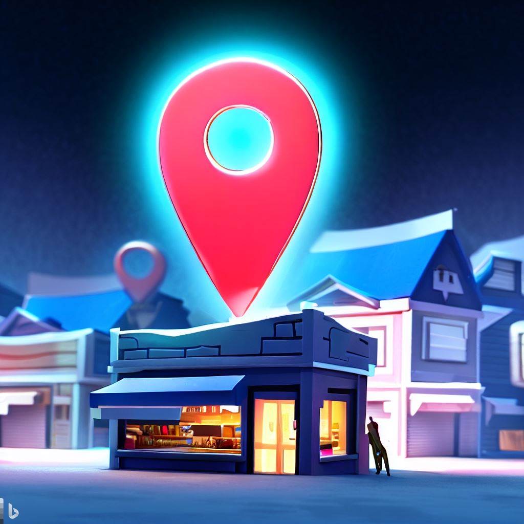 A local store that has been lifted high above the other buildings by a giant 'pin' icon, symbolizing visibility in local search results. movie scene, animated