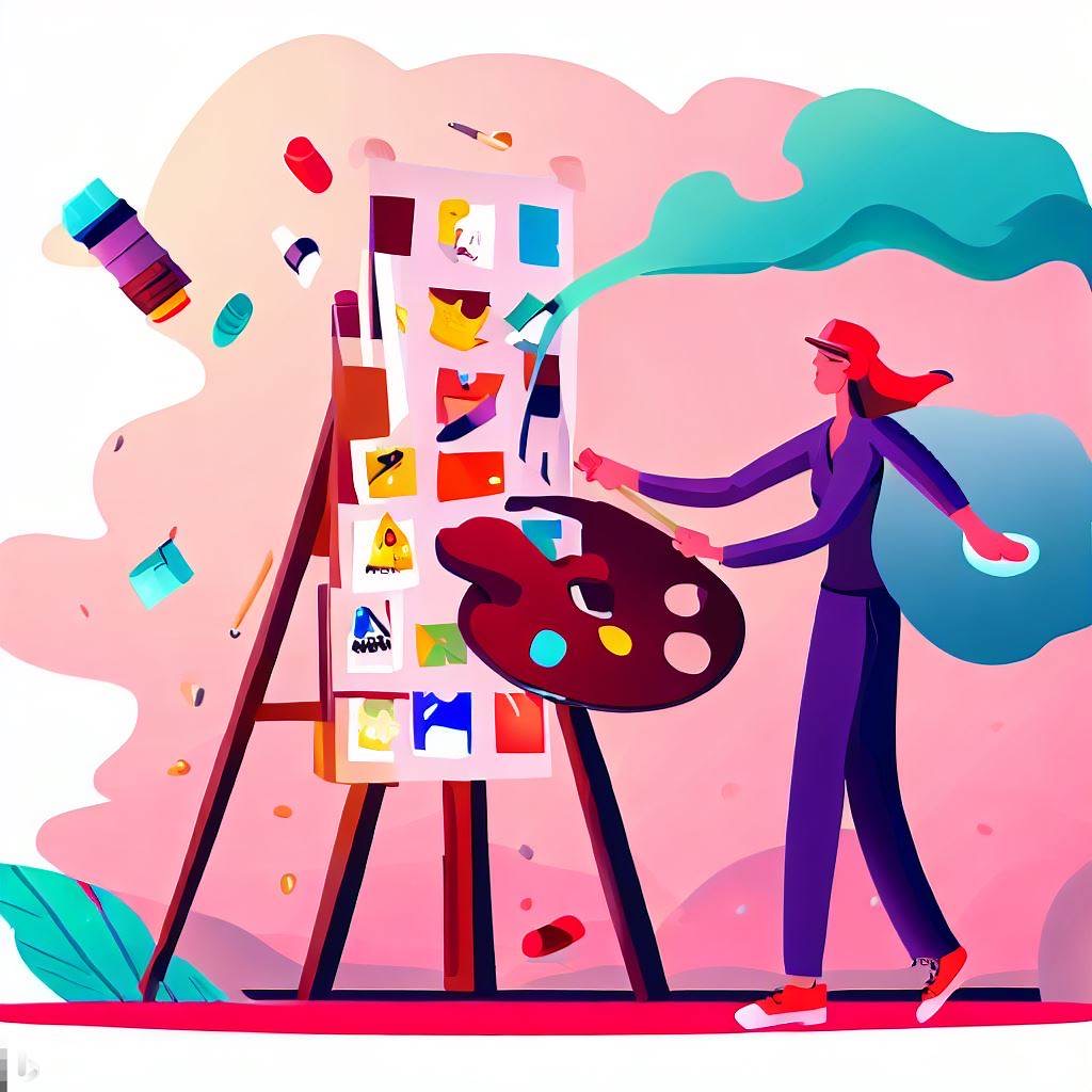 A painter using a palette filled with different content types (image, video, text, infographics, etc.), painting a picture that attracts an audience. movie scene, animated