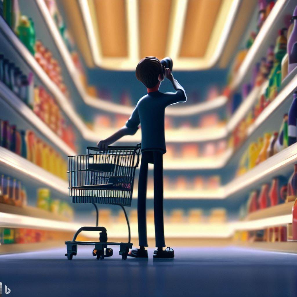 animated movie scene of someone with a trolley in the middle overlooking a scene of supermarket, in front of a shelf of items using binoculars, thinking of something