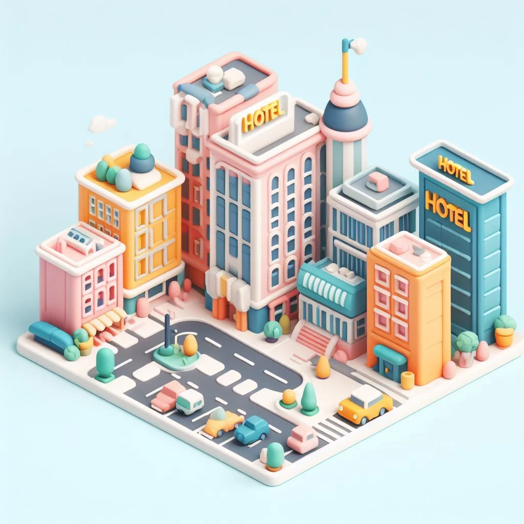 hotel and buildings. minimalistic, colourful cute plasticine, city landscape.