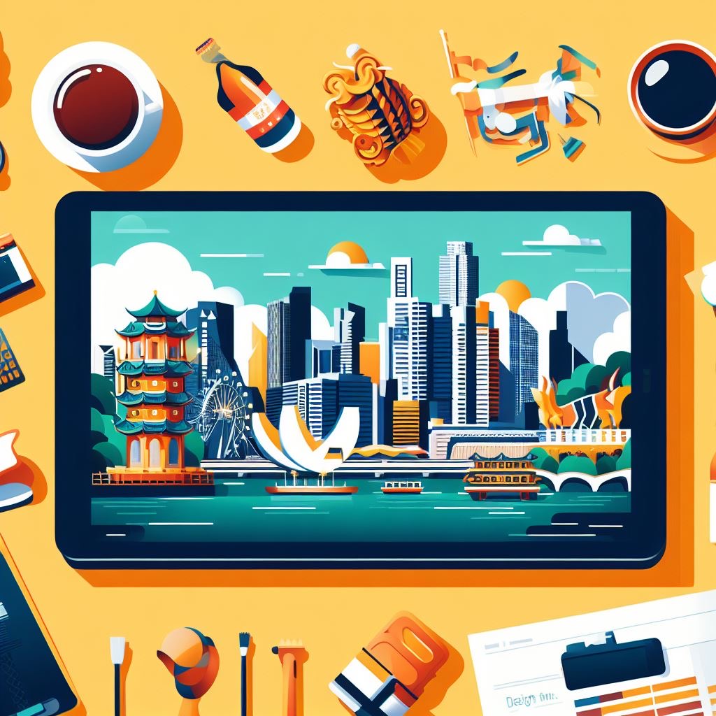 Design an image in Singaporean marketing, featuring local landmarks and cultural elements 1