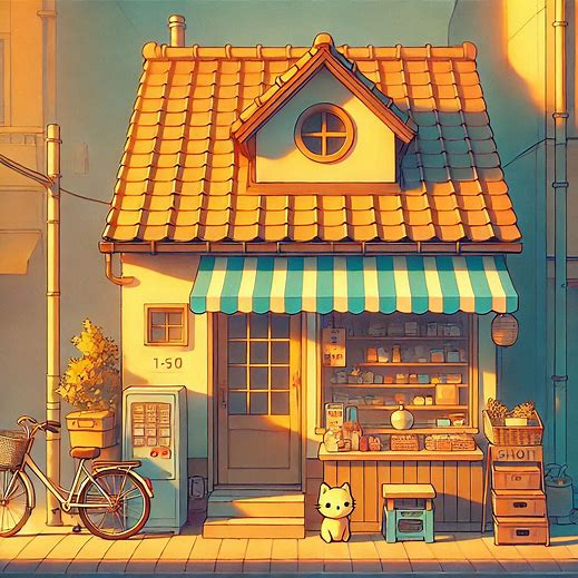 a small little shop. minimalistic colourful warm anime style