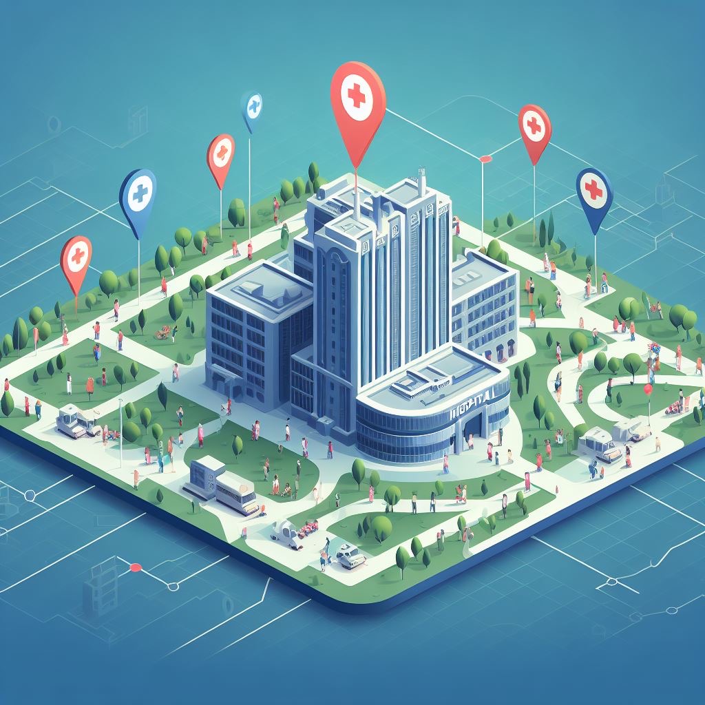 an infographic with a big hospital in the middle, on a map and location pins. a lot of patients at the sides. realism