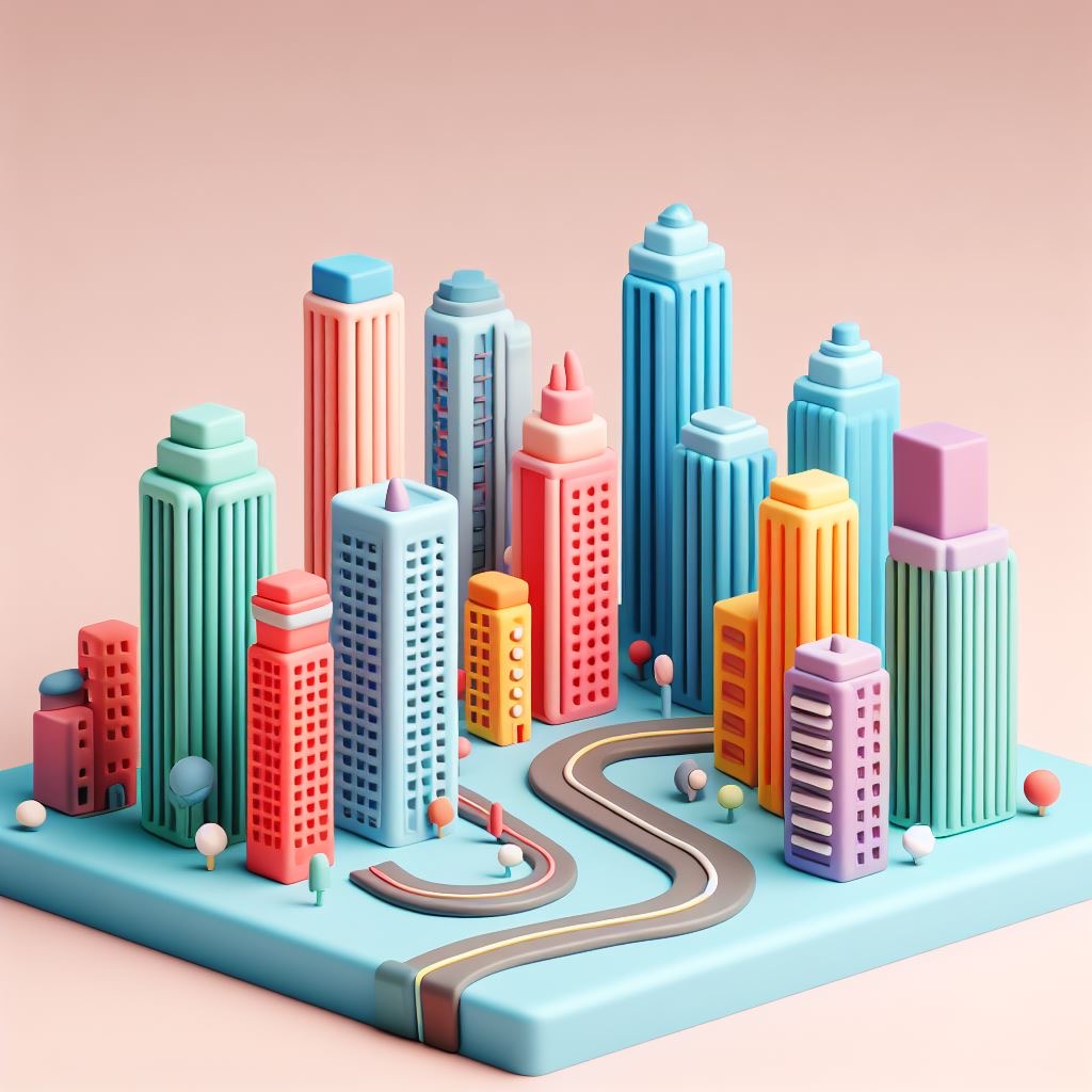 Skyscrapers and buildings Representing the Solid Foundation of Real Estate. minimalistic, colourful cute plasticine, city landscape