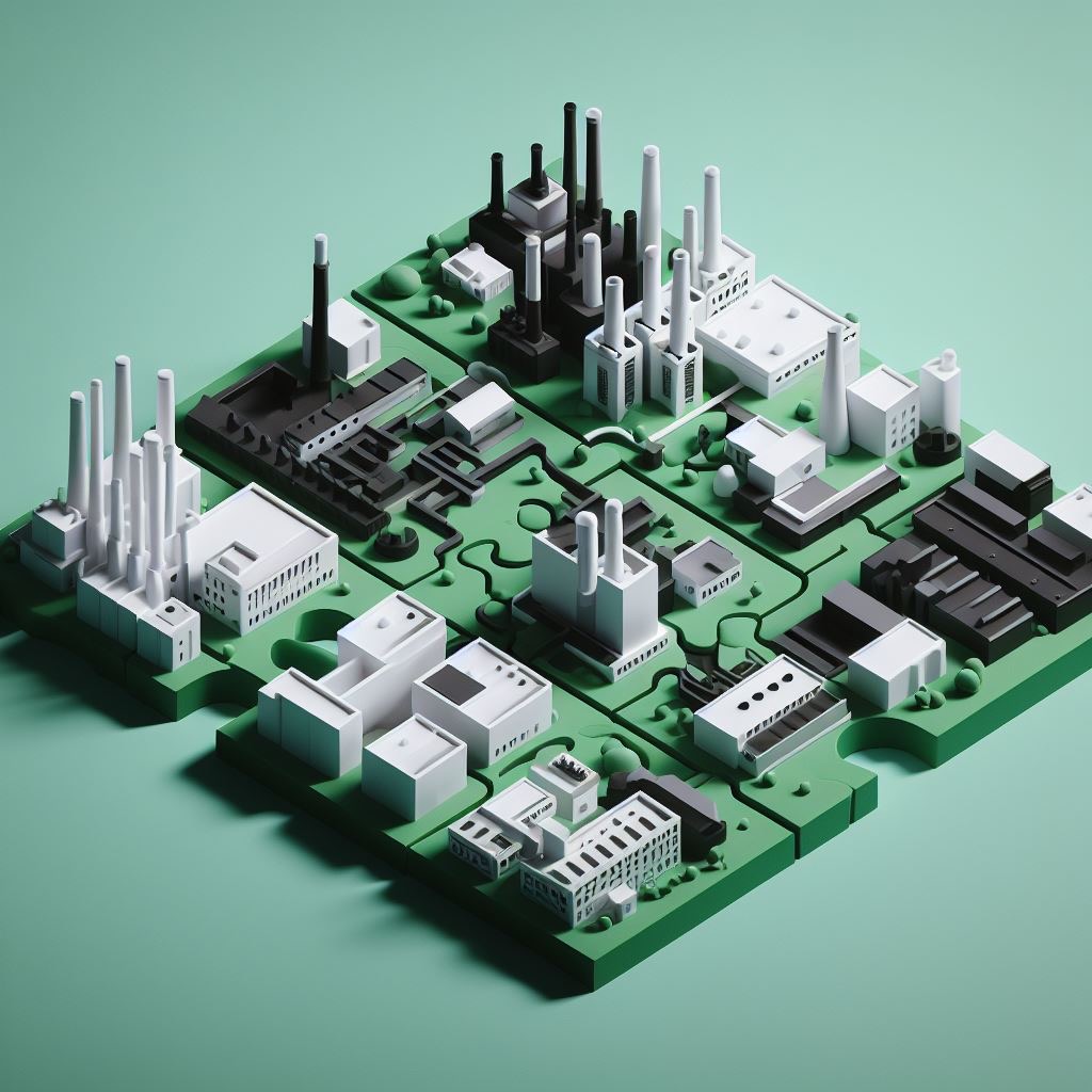 an Image Conveying the Interlocking white factories and black buildings, each on a piece of green jigsaw puzzle. minimalistic