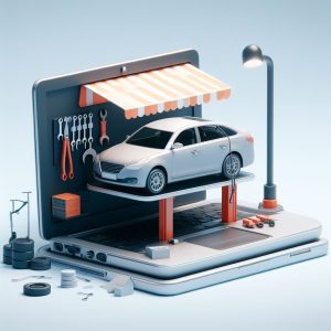 car repair workshop popping out of a laptop, minimalistic movie scene