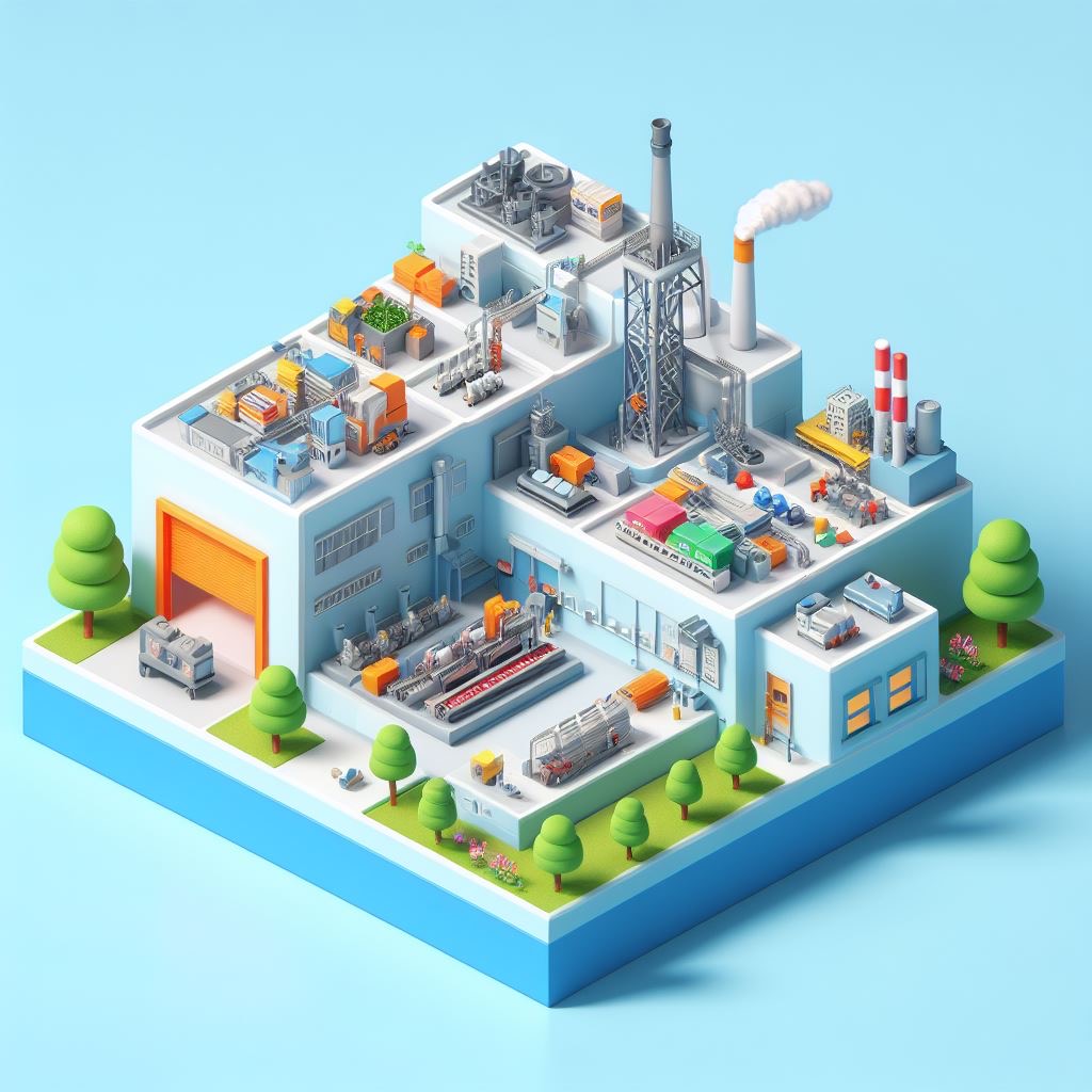 cross section of a manufacturing company, 3D, colourful, on a light blue background