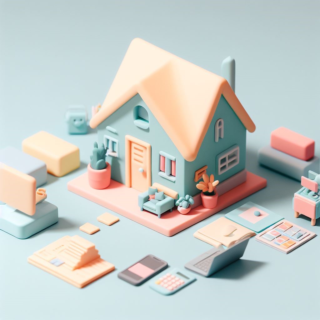 representation of a small business at home. minimalistic, colourful cute plasticine, isometric