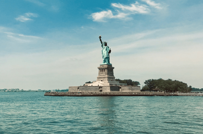 A distant view of the statue of liberty