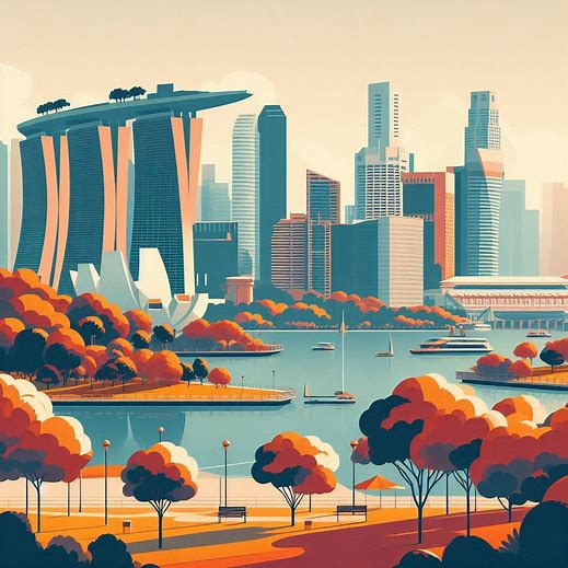 landscape singapore, minimalistic. bright warm comours