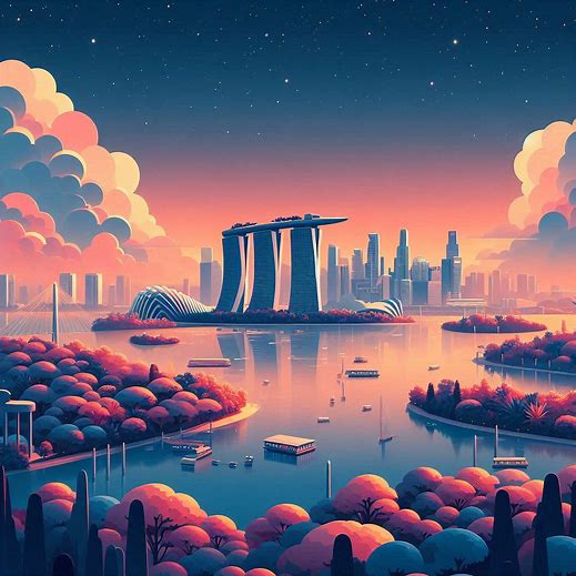 landscape singapore, minimalistic. bright warm comours