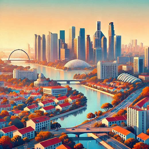 landscape singapore, minimalistic. bright warm comours