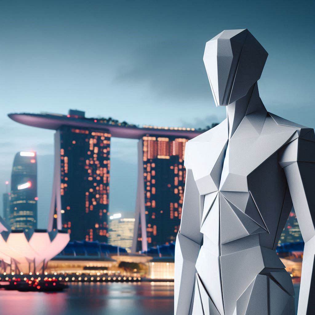 humanoid, minimalistic origami paper. Singapore background