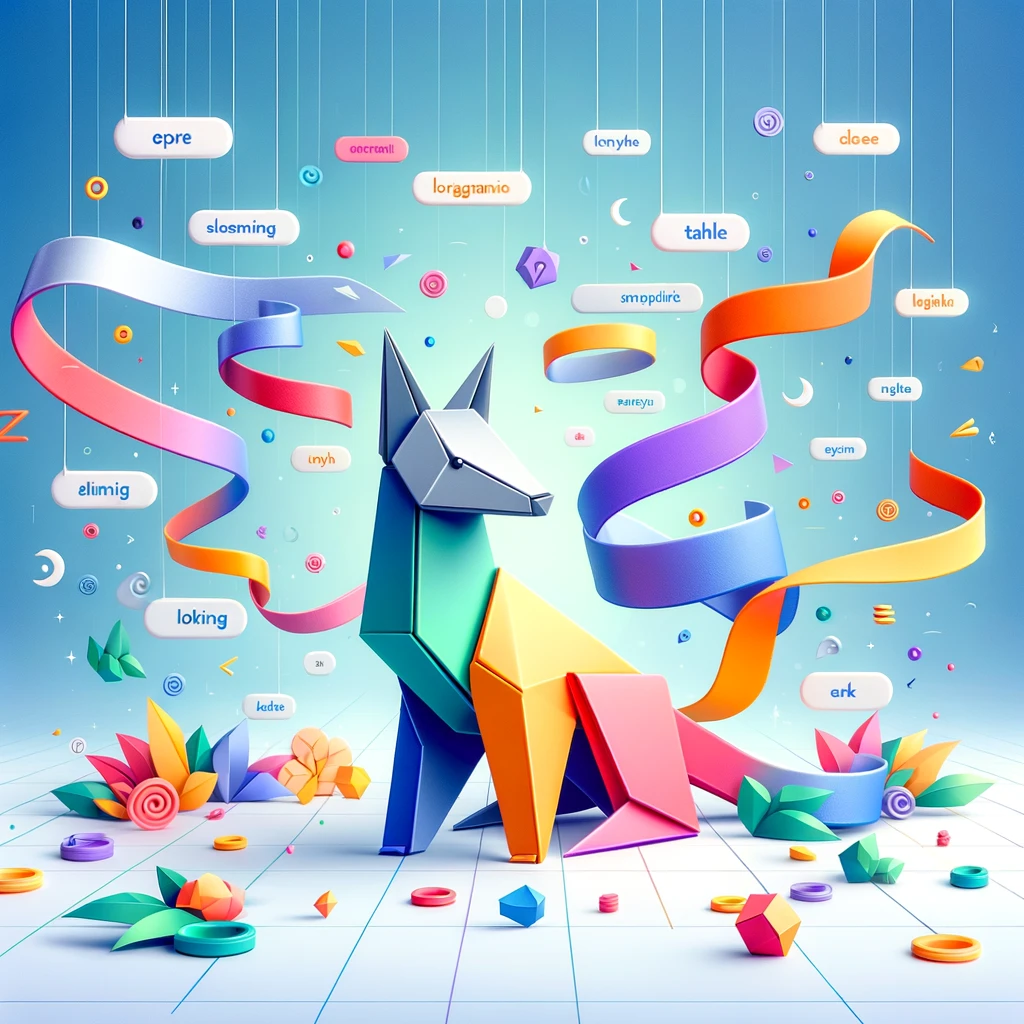 colourful origami fox with keywords at the back