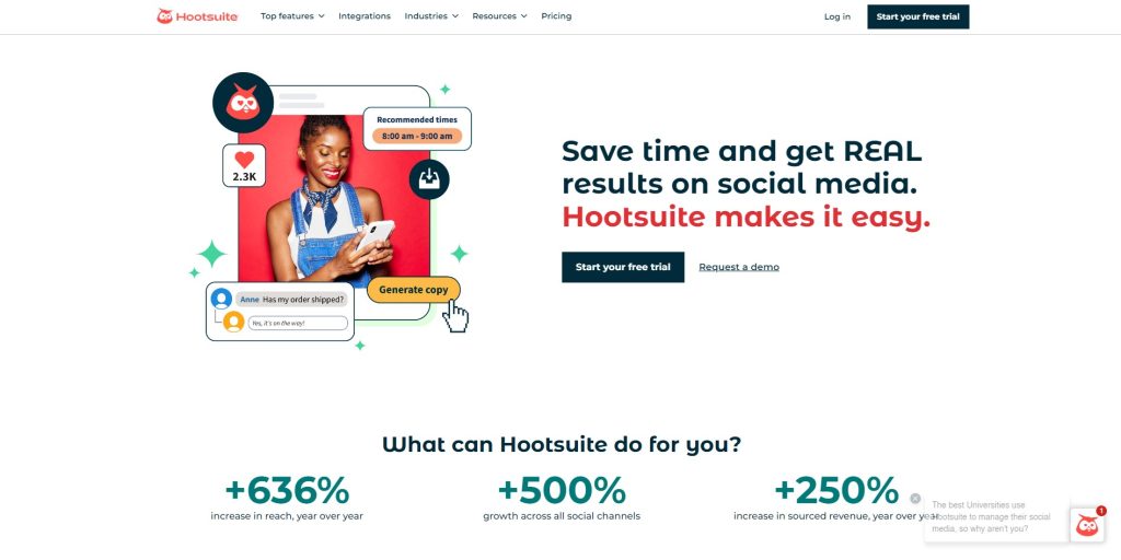 hootsuite homepage social media  - content marketing tool