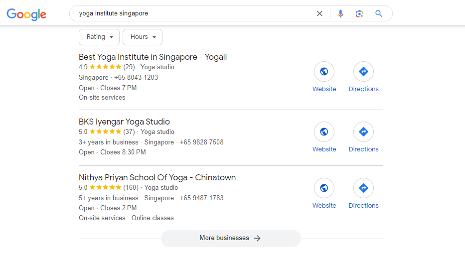 yoga institute in singapore google results