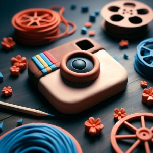 instagram logo plasticine, with video reels in the background