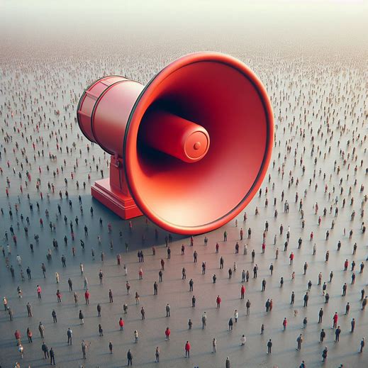 a red big loud speaker in the middle of a open ground with lots of people , very minimalistic.