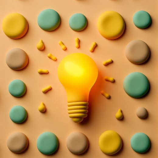 a minimalistic picture of a bright yellow plasticine light bulb that is illuminated, amongst a number of circular dull coloured blobs