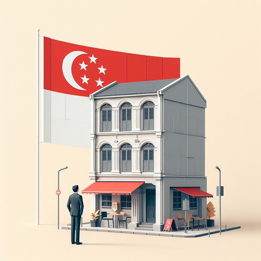 a minimalistic picture of a man beside a two storey shop house. beside it is a singapore flag. origami style