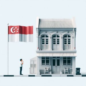 a minimalistic picture of a man beside a two storey shop house. beside it is a singapore flag. origami style