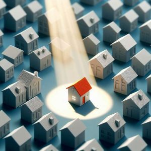 a strong beam of sunlight shining on a house amidst many surrounding houses. basic minimalistic style, rounded