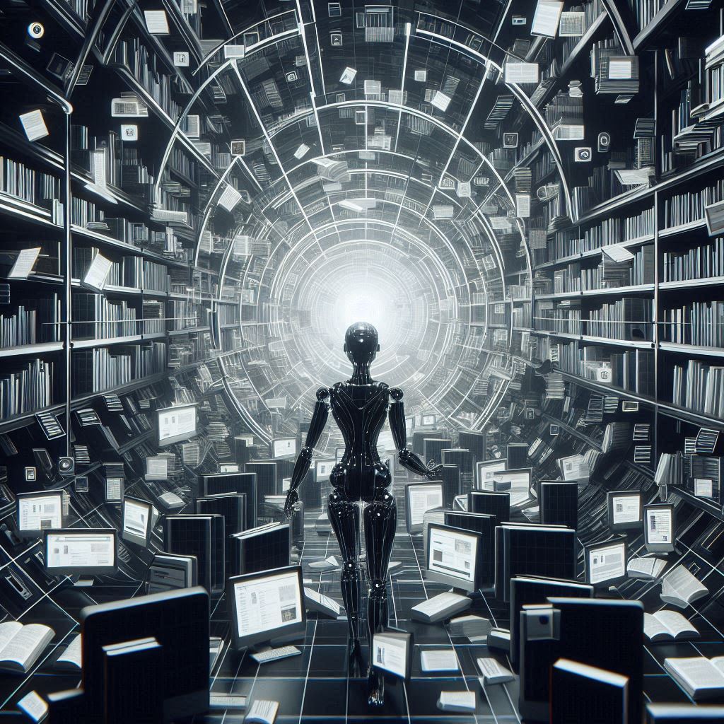 An endless library with websites that floats around, overseen by a robotic librarian. origami style, minimalistic