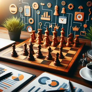 digital marketing strategies around a chessboard, origami minimalistic