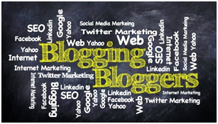 Word cloud featuring terms like blogging, SEO, social media marketing, and internet marketing, emphasizing the elements of digital marketing and blogging strategies.