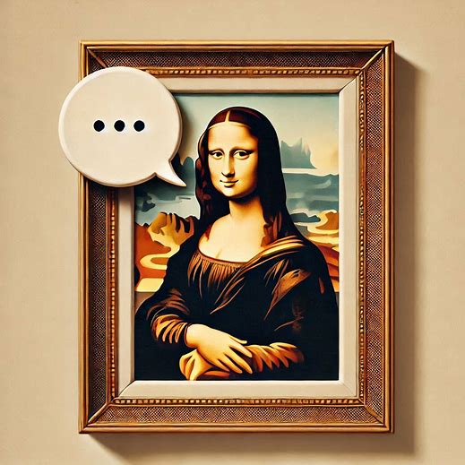 speech bubble coming from a mona lisa framed portrait. nothing else at the sides. warm colours and minimalistic style