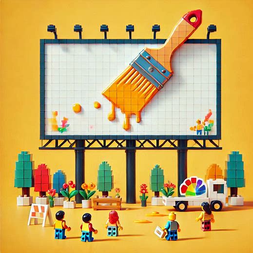 a big billboard with a paintbrush. little people below looking at it. warm colourful colours, minimalistic lego style