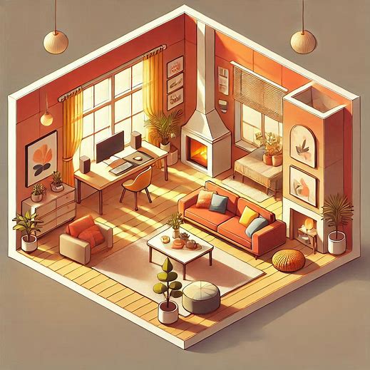 interior design of an isometric house. warm colourful colours very minimalistic style