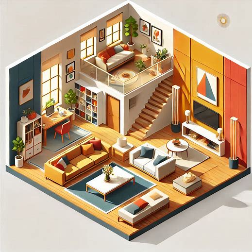 interior design of an isometric house. warm colourful colours very minimalistic style