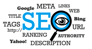 SEO concept illustration featuring key elements like tags, ranking, meta, description, links, and search engines like Google, Yahoo, and Bing.