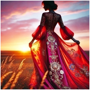 "A woman in a flowing, ornate red gown with intricate gold embroidery stands in a field at sunset. The gown features voluminous sleeves and detailed floral patterns, with the warm sunset illuminating the sky in shades of orange and purple, creating a dramatic and elegant scene."