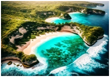 "Aerial view of a secluded tropical beach with turquoise waters, lush green cliffs, and surrounding forest. The beach is shaped like a cove, with waves gently rolling onto the sandy shore."