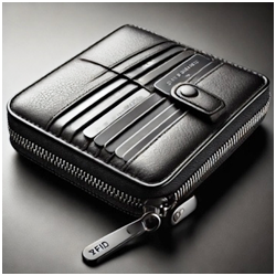 "Close-up of a sleek black leather zippered wallet with multiple card slots on the outside, featuring an RFID protection tag on the zipper pull."